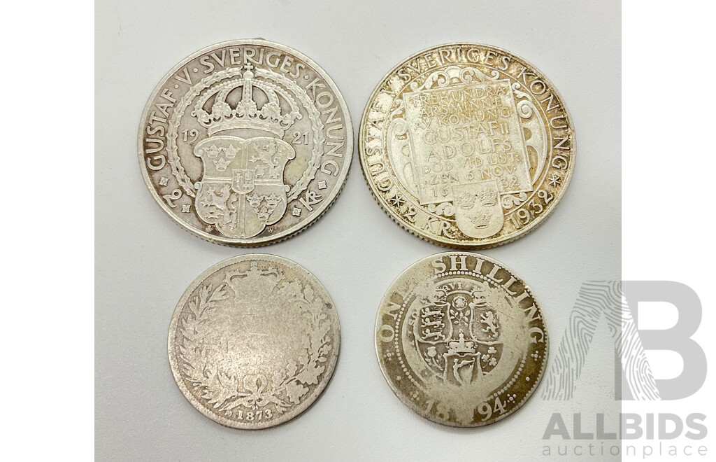 United Kingdom Silver 1873 and 1894 QV One Shillings with Sweden 1921 and 1932 Silver Two Kroners