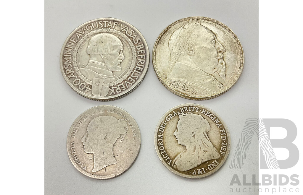 United Kingdom Silver 1873 and 1894 QV One Shillings with Sweden 1921 and 1932 Silver Two Kroners