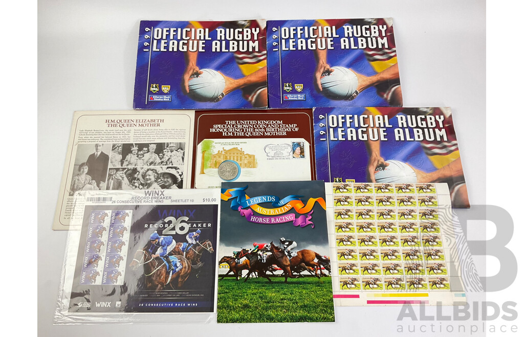 Australian Horse Racing Themed Stamps, Three 1999 Courier Mail Rugby League Albums, UK 1980 Queen Mother PNC