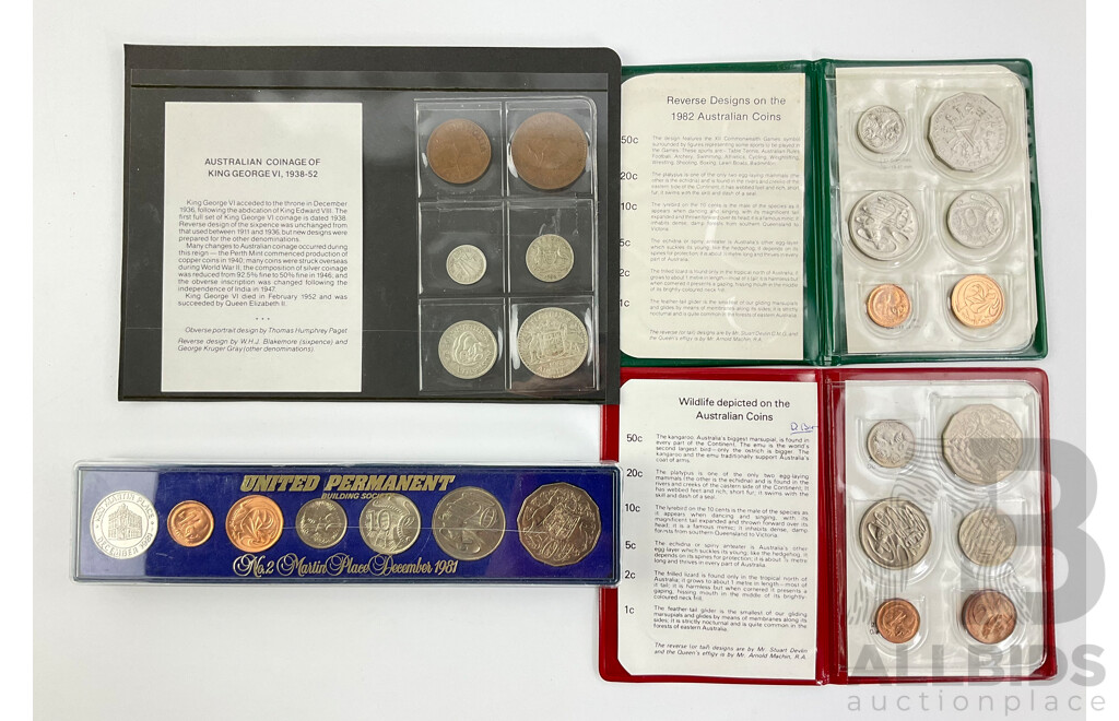 Australian RAM 1979, 1982 UNC Coins Sets, 1981 United Permanent UNC Coin Set, KGVI Six UNC Coin Set