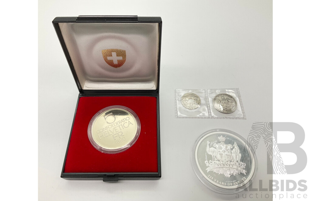 Australian KGV 1910 Threepence and Sixpence, 225 Years of Sydney Medallion, Sweden 1980 Proof Commemorative Five Francs