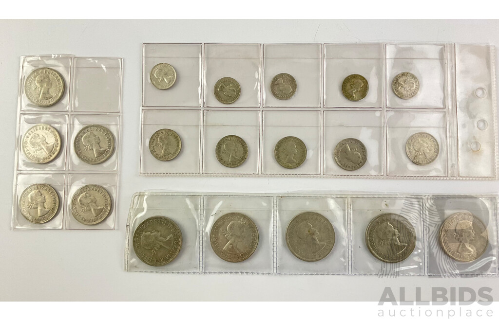 Collection of Australian QE2 Predecimal Coins Including Florins(5) Shillings(5) Sixpence(5) Threepence(5)