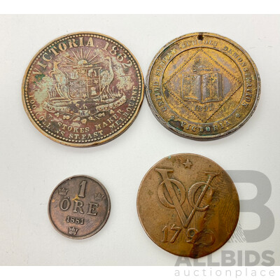 Australian  1862 T. Stokes One Penny Medallion, 1897 Queen Victoria Diamond Jubilee Medallion, Netherland East Indies190 One Duit, Sweden 1881 One Ore