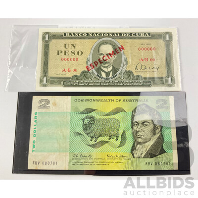 Australian COA 1966 Two Dollar Note Coombs/Wilson and Cuba 1978 One Peso Specimen Note