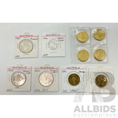 Collection of Australian Coins Including 1963 Silver Florin and 1964 Threepence, One Dollar Coins, 2023 AWLW(2) 2024 AFL(2) 2011 CHOGM, 1990, Commemorative Twenty Cents 1995 UN, 2001 Federation