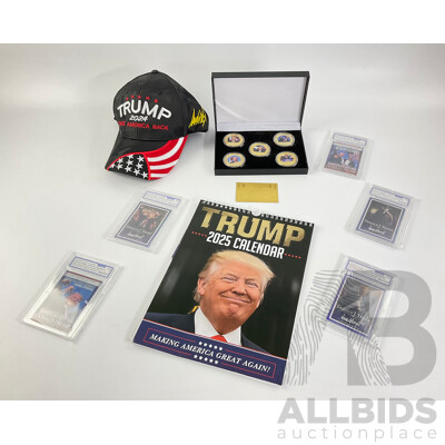 Collection of Donald J. Trump Memorabilia Including Gold Plate Coin Set, Collector Cards, Cap and Calendar