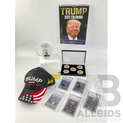 Collection of Donald J. Trump Memorabilia Including Gold Plate Coin Set, Collector Cards, Cap, Cup and Calendar