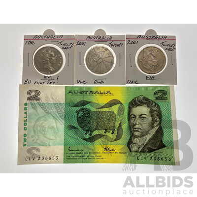 Australian 1985 Two Dollar Note Jonston/Fraser, Commemorative Twenty Cent Coins 2001 Western Australia and Queensland with 1986 UNC