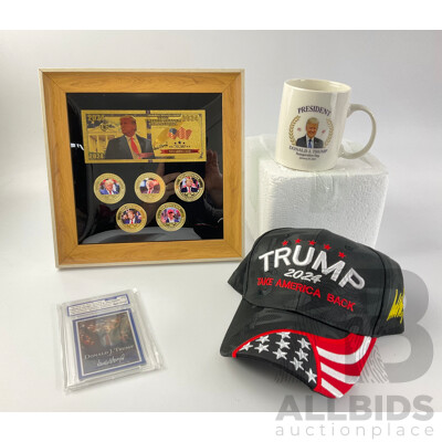 Donald J. Trump Memorabilia Including 2025 Inauguration Cup, Framed Coin/Note Set ''The Best is Yet to Come'' Collector Card and Take America Back Baseball Cap