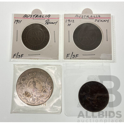 Two Australian Pennies, 1911 and 1912H, UK 1898 Penny, 1977 Jubilee Crown