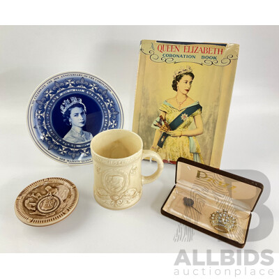 Collection of British Royals Memorabilia Including 1937 King George Sixth Coronation Mug, Wedgwood Queen Elizabeth II 50th Anniversary Coronation Plate, 1953 Wade Coronation Dish, Coronation Pin, Book and Crown Broach