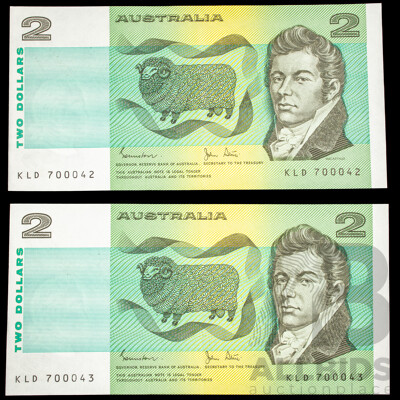 Two Australian 1983 Two Dollar Notes, Johnston/Stone, Consecutive KLD 700042 - KLD 700043