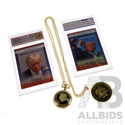 Donald Trump Limited Edition Assassination Attempt and Mugshot Collector Cards with Take America Back Coin and Gold Tone Save America Again 2024 Pocket Watch