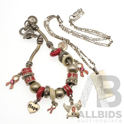 Sterling Silver 3.5gm Ignot on Figaro 3+1 Chain, 42cm, 6.90 Grams & Silver Tone Bead Charm Bracelet with (15) Charms, 18cm