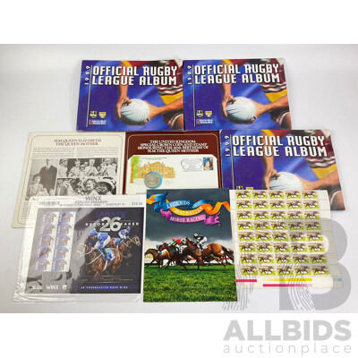 Australian Horse Racing Themed Stamps, Three 1999 Courier Mail Rugby League Albums, UK 1980 Queen Mother PNC