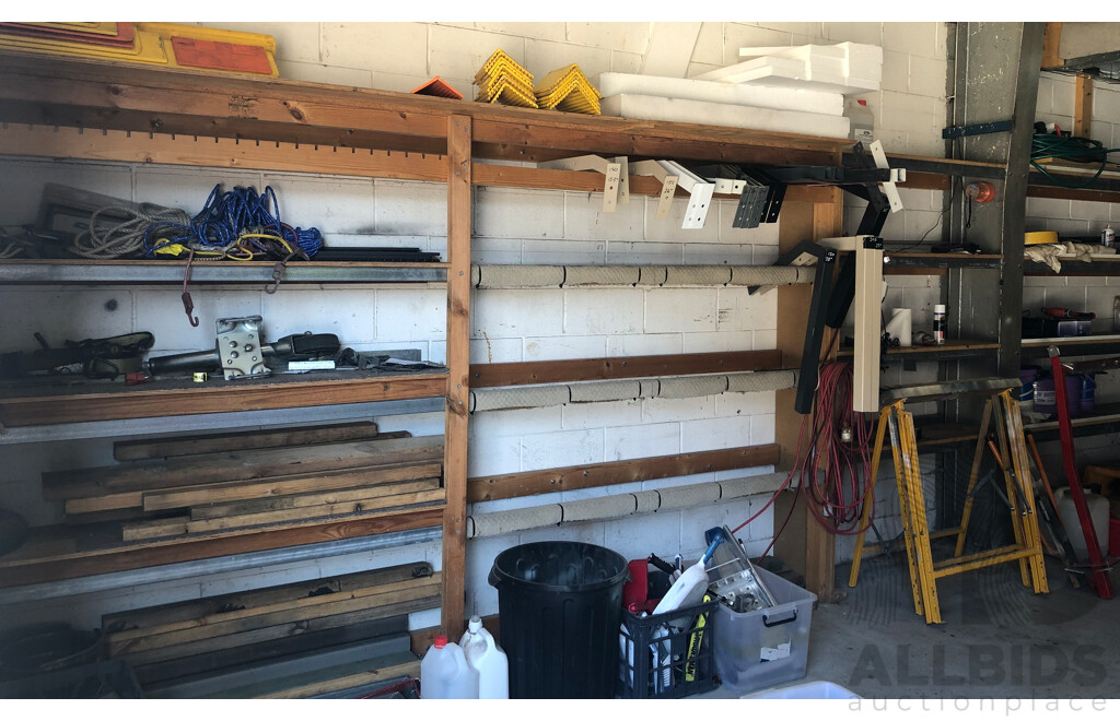 Timber and Metal Wall Mounted Shelving W/ Contents