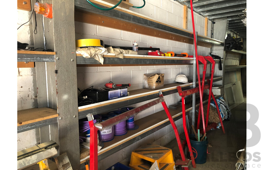 Timber and Metal Wall Mounted Shelving W/ Contents