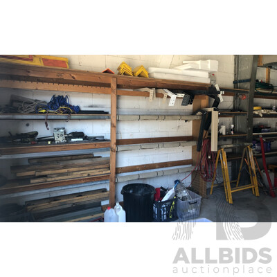 Timber and Metal Wall Mounted Shelving W/ Contents