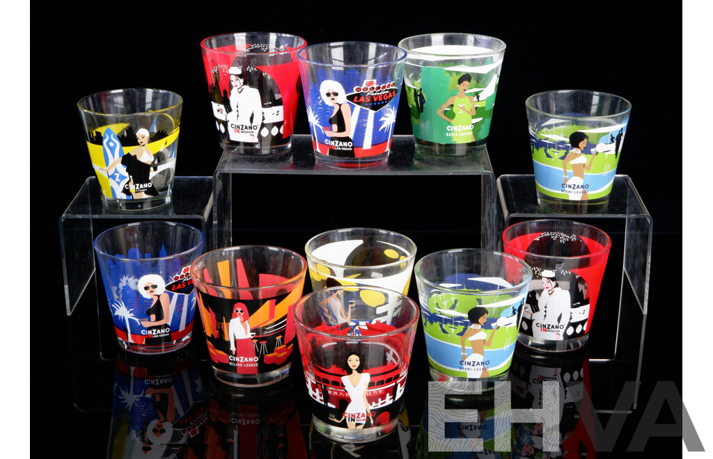 Set Eleven Retro Cinzano Glass Tumblers with Pyro Ceramic Decorations
