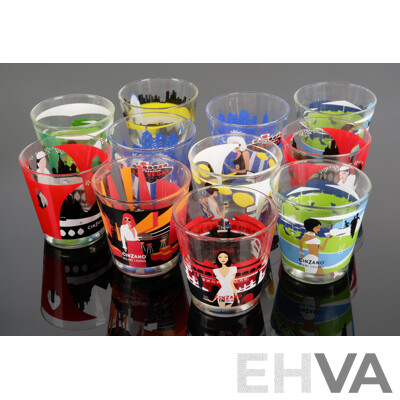Set Eleven Retro Cinzano Glass Tumblers with Pyro Ceramic Decorations