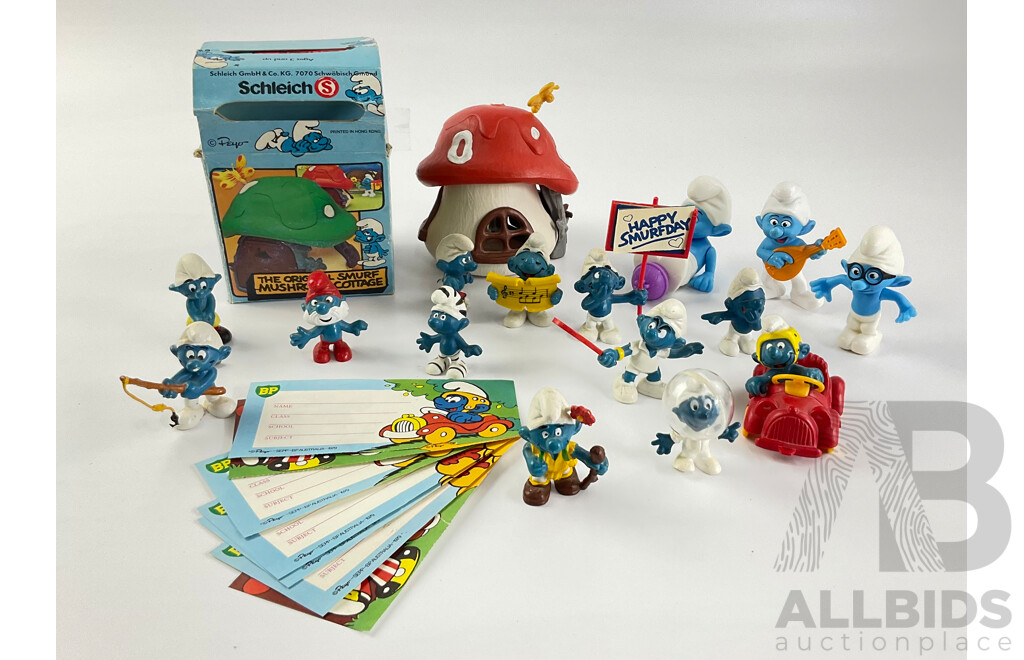 Collection of Smurfs, Examples From 1970's-2000's, Musroom Cottage with Original Box, BP Name Tags, Clockwork and Battery Operated