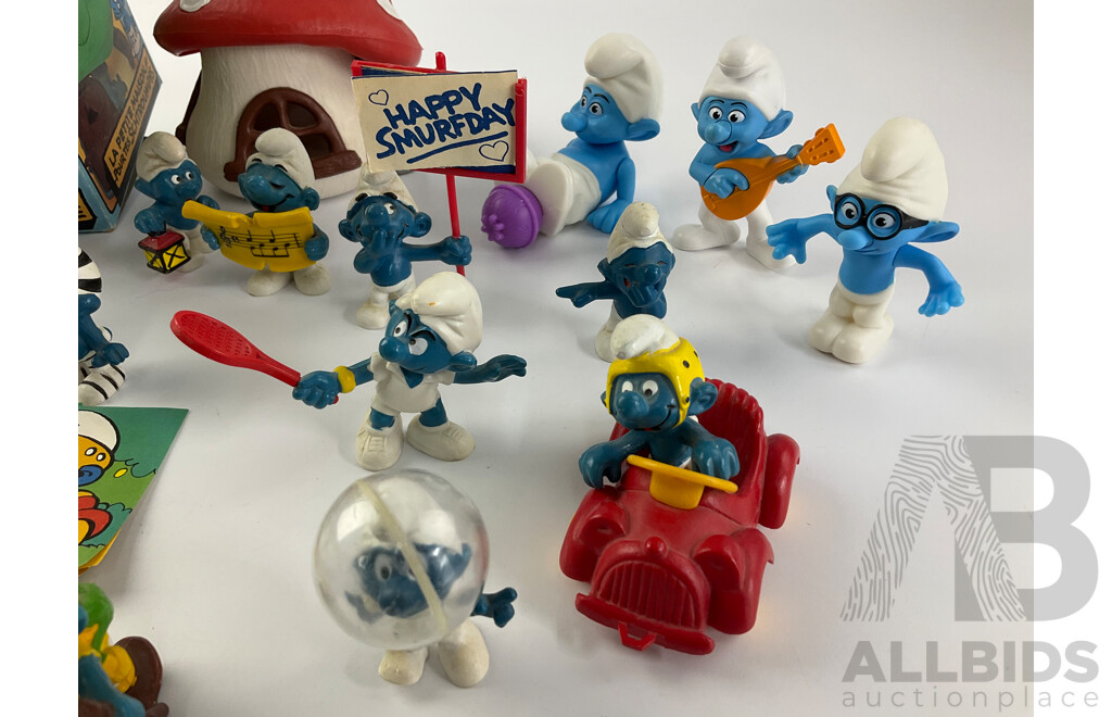 Collection of Smurfs, Examples From 1970's-2000's, Musroom Cottage with Original Box, BP Name Tags, Clockwork and Battery Operated