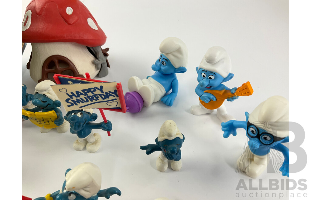 Collection of Smurfs, Examples From 1970's-2000's, Musroom Cottage with Original Box, BP Name Tags, Clockwork and Battery Operated