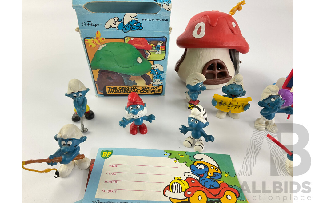 Collection of Smurfs, Examples From 1970's-2000's, Musroom Cottage with Original Box, BP Name Tags, Clockwork and Battery Operated