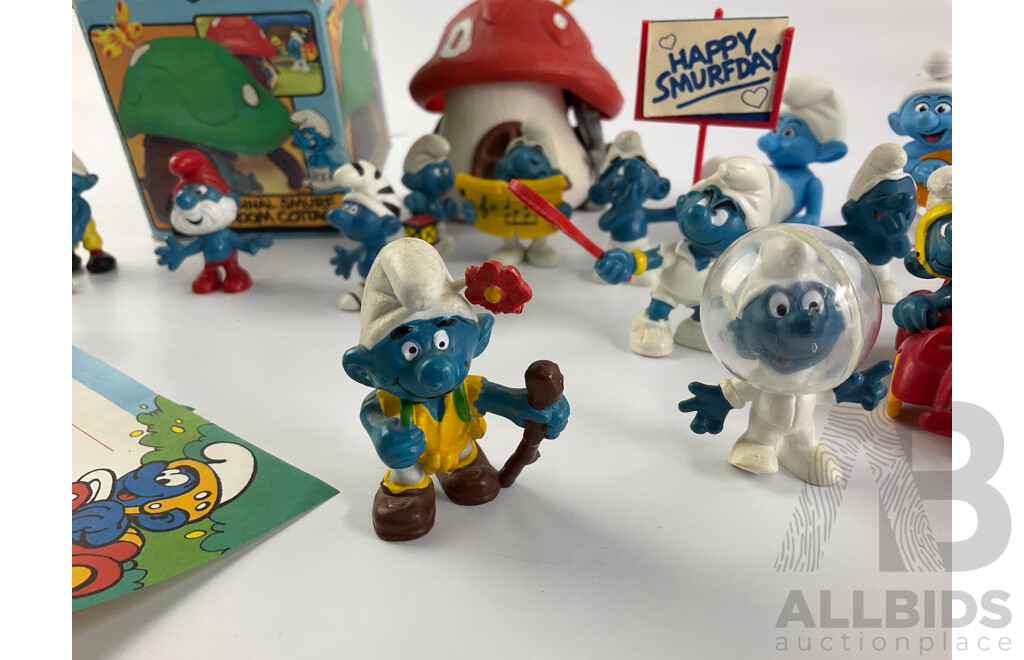 Collection of Smurfs, Examples From 1970's-2000's, Musroom Cottage with Original Box, BP Name Tags, Clockwork and Battery Operated