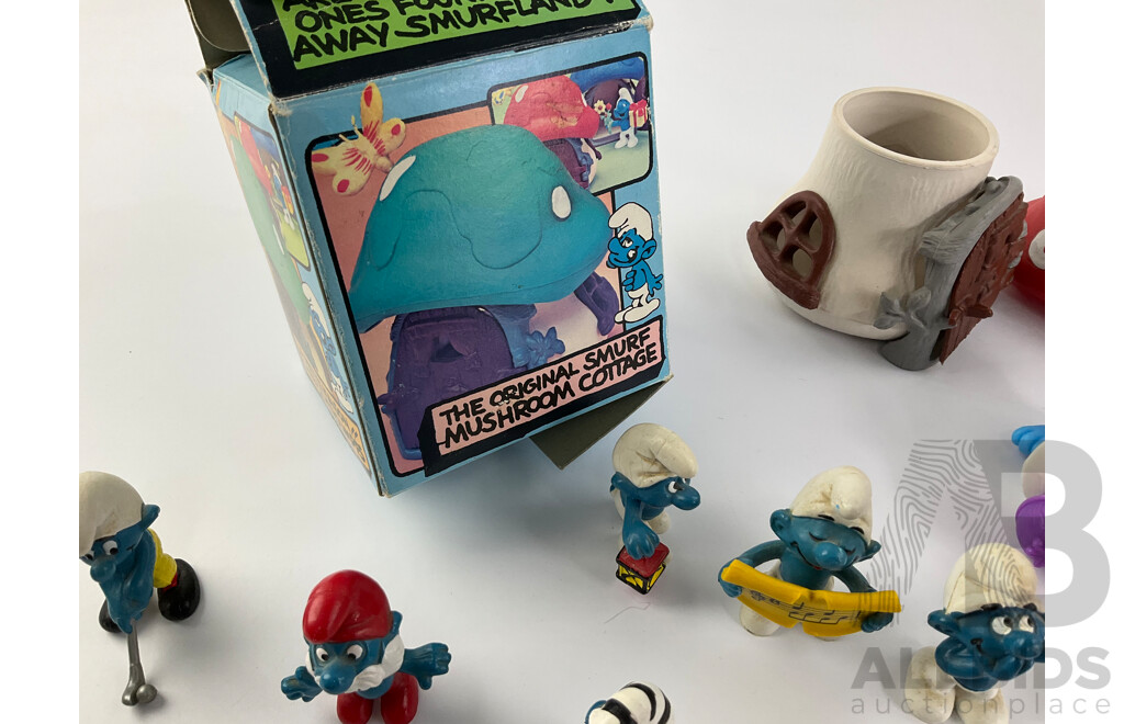 Collection of Smurfs, Examples From 1970's-2000's, Musroom Cottage with Original Box, BP Name Tags, Clockwork and Battery Operated