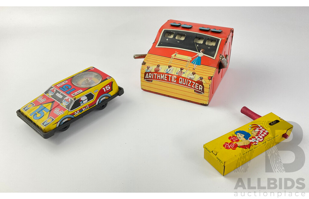 Vintage Pressed Steel Trade Mark Modern Toys Arithmetic Quizzer and Race Car, Both Made in Japan with Kirchhof 'Life of the Party' Ratchet Noise Maker, Made in USA