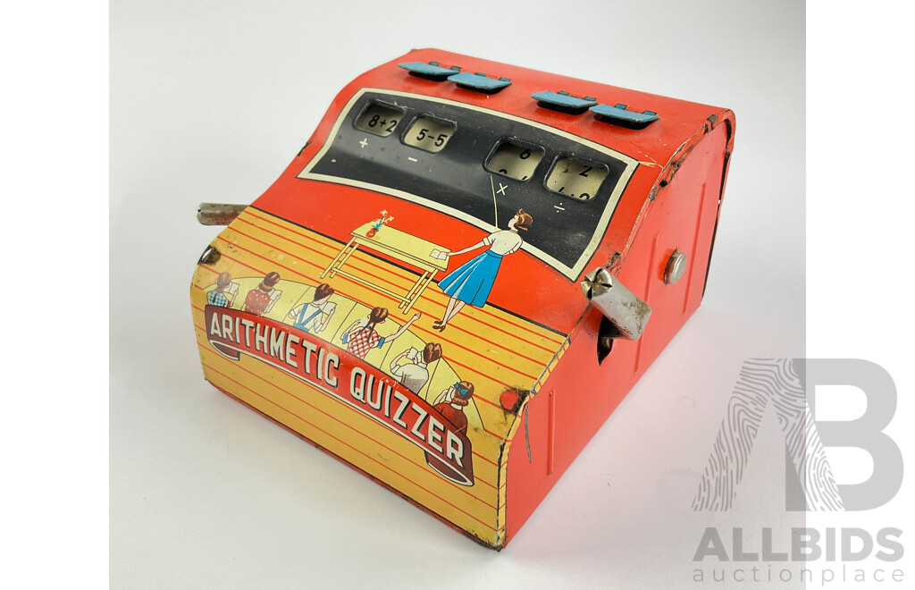 Vintage Pressed Steel Trade Mark Modern Toys Arithmetic Quizzer and Race Car, Both Made in Japan with Kirchhof 'Life of the Party' Ratchet Noise Maker, Made in USA