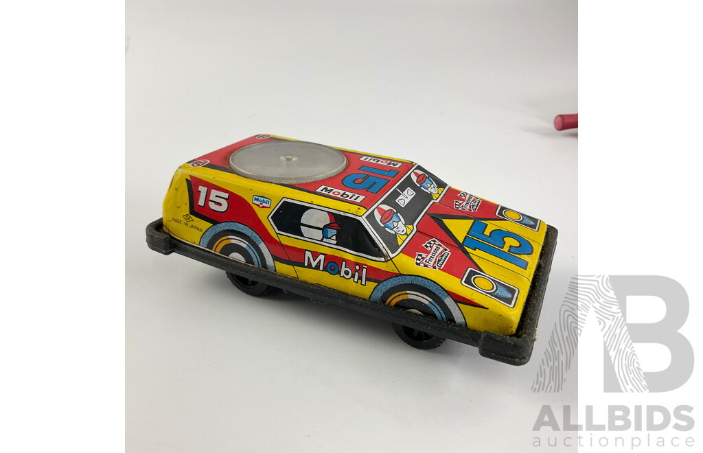 Vintage Pressed Steel Trade Mark Modern Toys Arithmetic Quizzer and Race Car, Both Made in Japan with Kirchhof 'Life of the Party' Ratchet Noise Maker, Made in USA