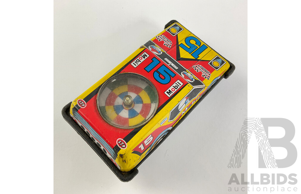 Vintage Pressed Steel Trade Mark Modern Toys Arithmetic Quizzer and Race Car, Both Made in Japan with Kirchhof 'Life of the Party' Ratchet Noise Maker, Made in USA