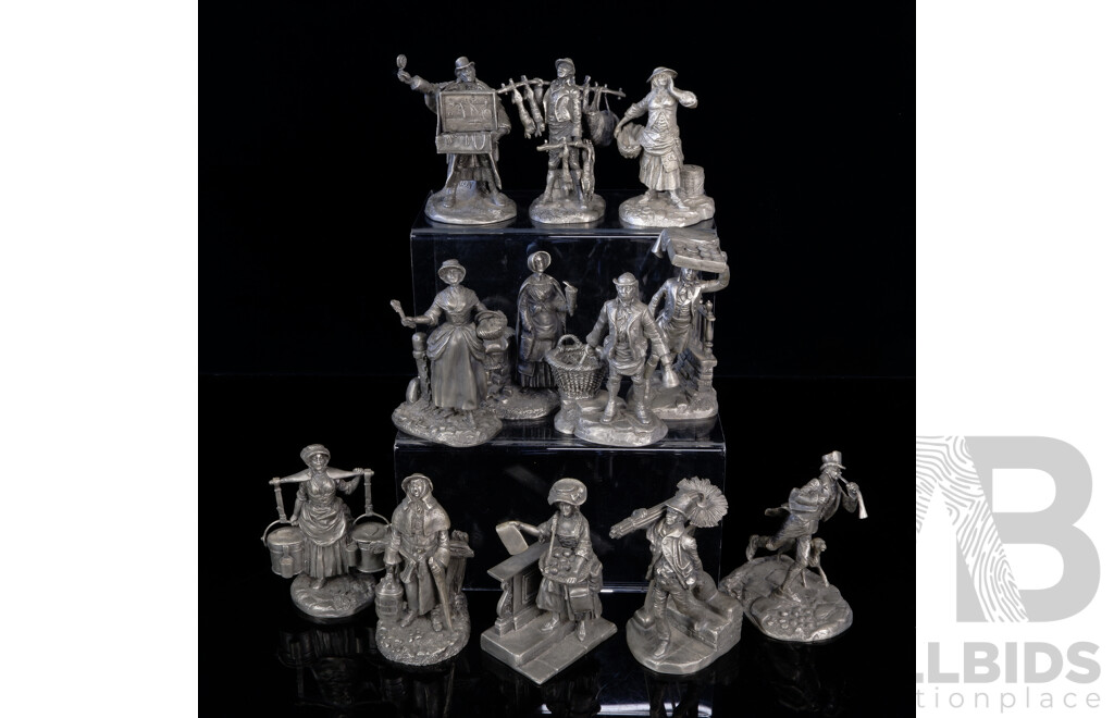 Set Twelve Pewter Town Criers of London Series Figures with Certificates of Authenticity