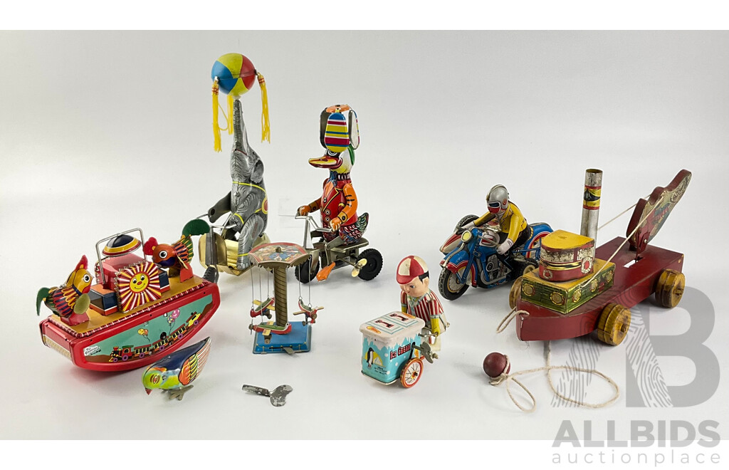 Vintage Pressed Steel Clockwork Toys Including Elephant and Duck on Tricycles, Motorcycle and Side Car, Chicken Sea Saw, Plane Carousel, Pecking Chicken, Ice Cream Cart, All Made in China with Peg Leg Tug Boat