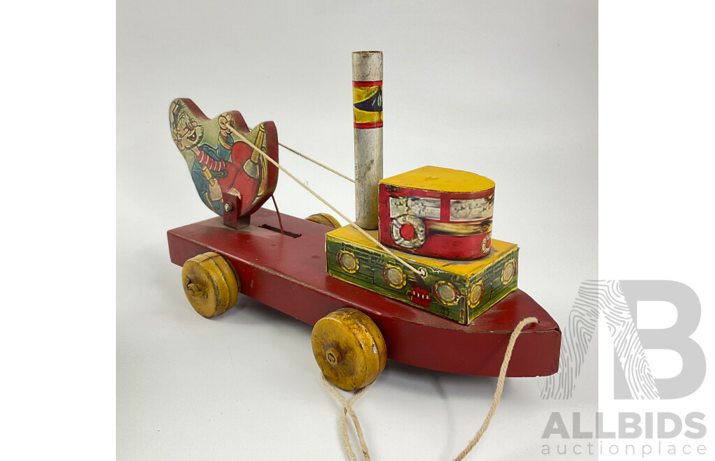 Vintage Pressed Steel Clockwork Toys Including Elephant and Duck on Tricycles, Motorcycle and Side Car, Chicken Sea Saw, Plane Carousel, Pecking Chicken, Ice Cream Cart, All Made in China with Peg Leg Tug Boat