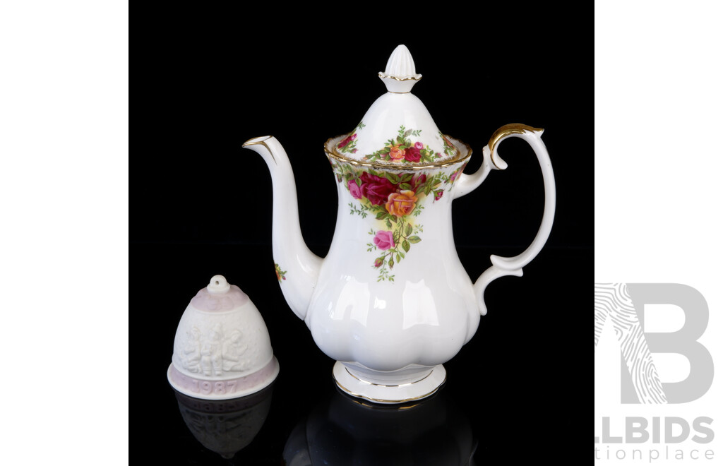 Royal Albert Porcelain Lidded Teapot in Old Country Roses Pattern Along with Lladro Porcelain Christmas Bell for 1987