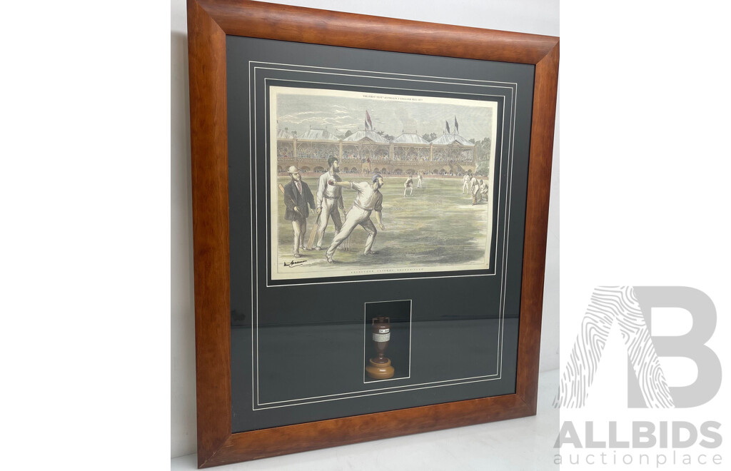 Australia Vs England Don Bradman Signed "The First Test" Print with Replica Ashes Urn