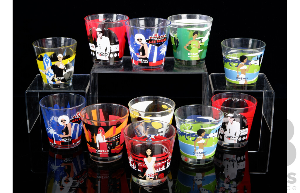 Set Eleven Retro Cinzano Glass Tumblers with Pyro Ceramic Decorations