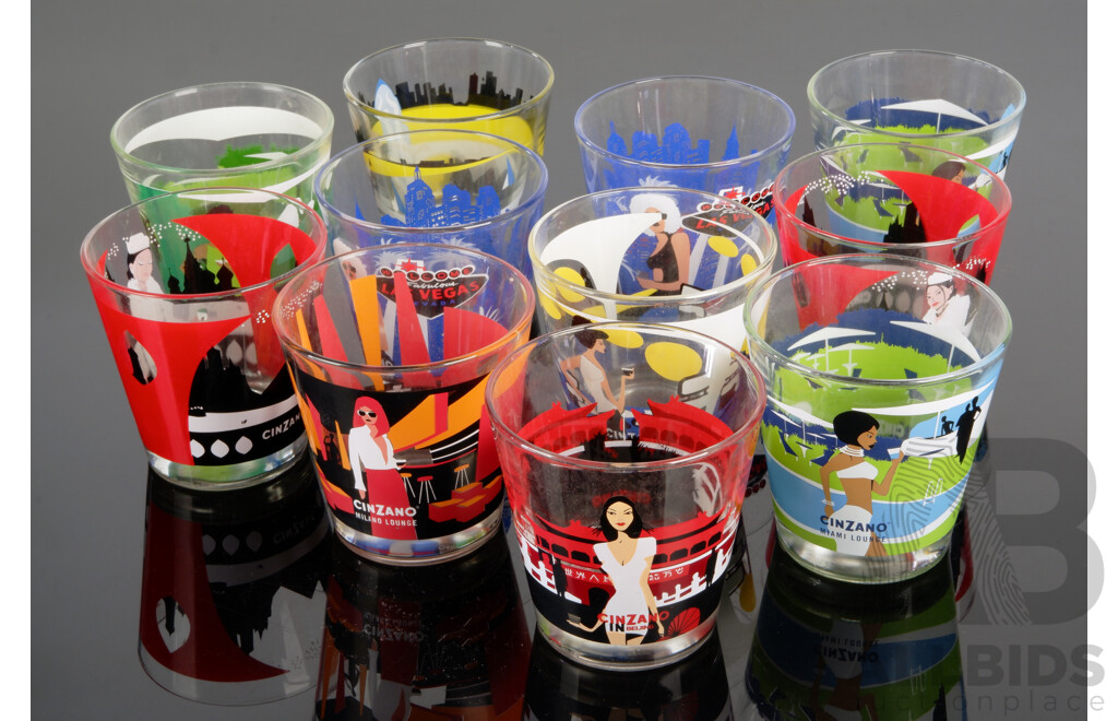 Set Eleven Retro Cinzano Glass Tumblers with Pyro Ceramic Decorations