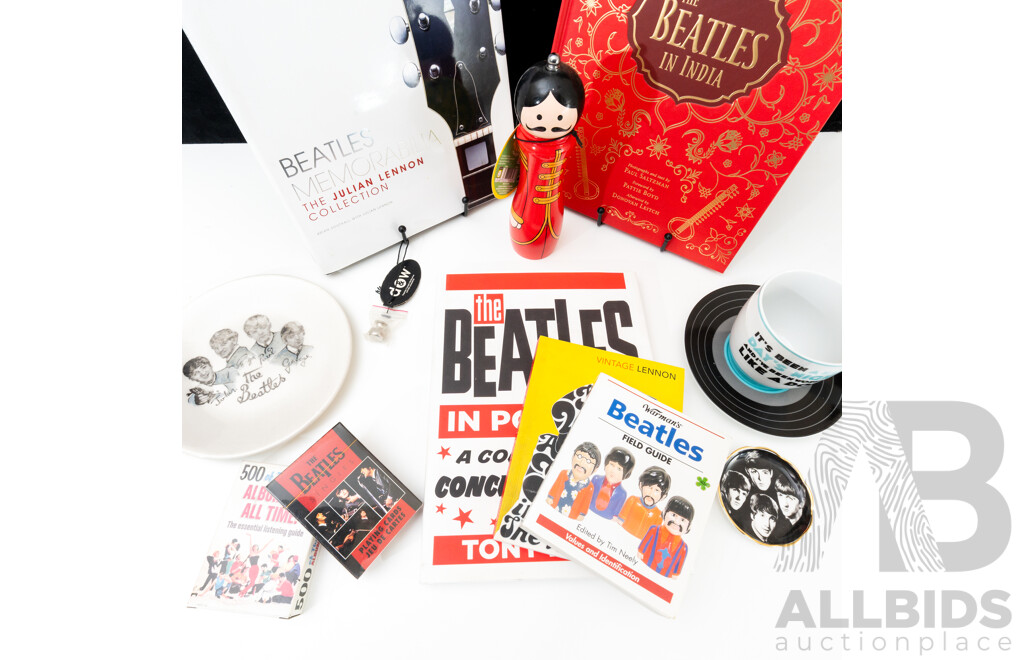 Collection Beatles Memorabilia and Ephemera Including Washington Potteries Side Plate, Books, Playing Cards and More