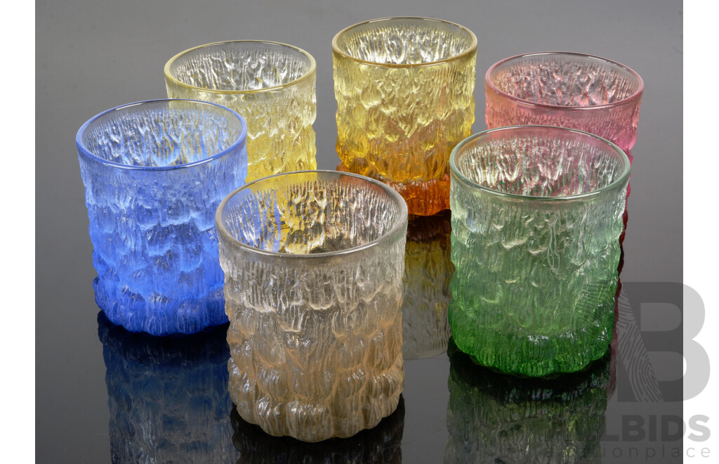 Nice Set Six Mid Century Harlequin Glass Tumblers with Textured Finish