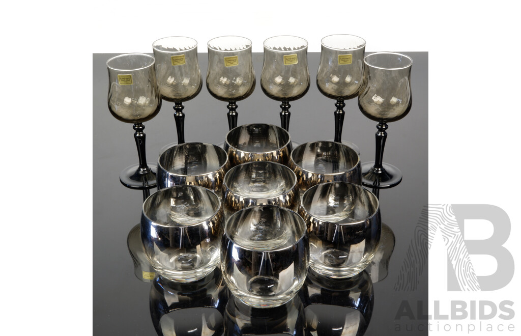 Set Seven Mid Century Platinum Fade Roly Poly Lusterware Tumblers by Vitrean Queens Along with Set Six French Luminarc Smokey Glass Wine Glasses