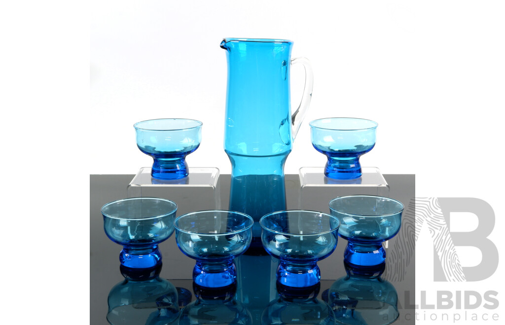 Mid Century Tivoli Blue Glass Pitcher Along with Set Six Anchor Hocking Tivoli Blue Sherbet Coupes