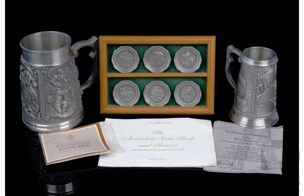 The Royal Geographical Society Sesquicentennial Pewter Tankard, Limited Edition 1988 Bicentennial Commemorative Pewter Tankard & Bradex Birds of WA Miniature Pewter Plates with Display Box