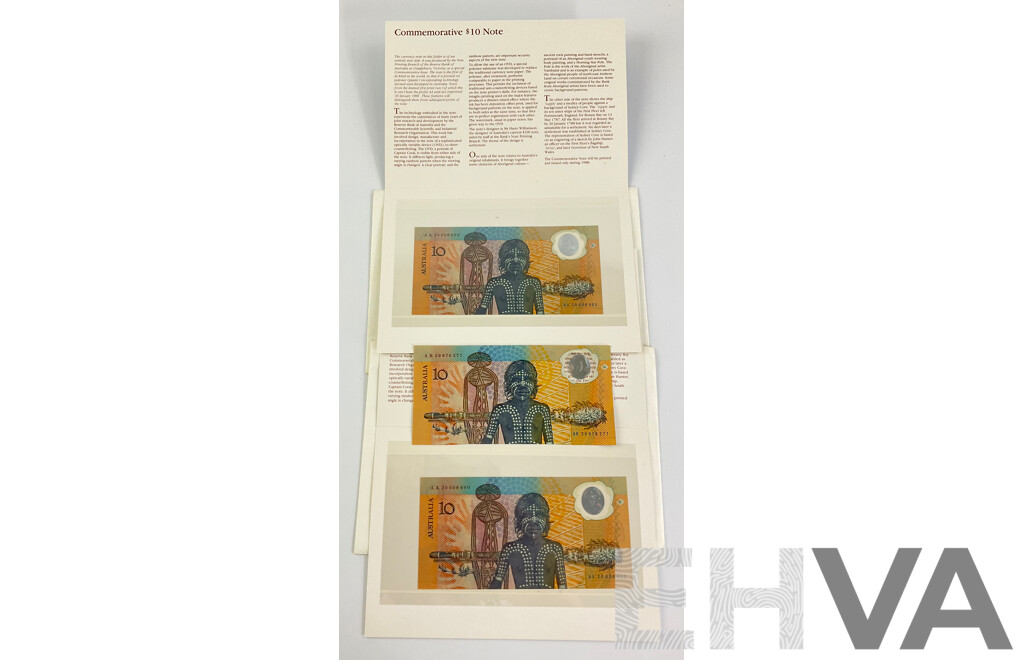 Australian 1988 Commemorative Ten Dollar Notes, AB 29676277, Two Collector Issues AA 20008600 and AA 2000603