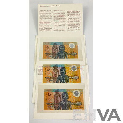 Australian 1988 Commemorative Ten Dollar Notes, AB 29676277, Two Collector Issues AA 20008600 and AA 2000603