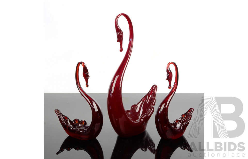 Three Vintage Hand Made Ruby Glass Swan Figures