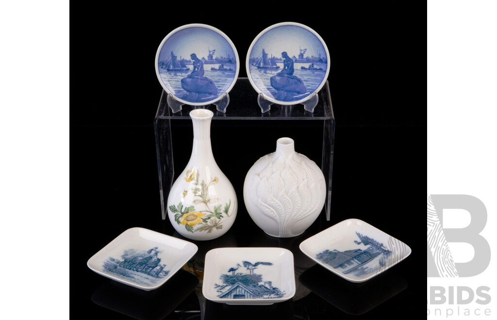 Collection Five Royal Copenhagen Porcelain Pin Dishes Along with Wedgwood Golden Glory Bud Vase & White West German Kaiser Example